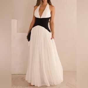 Elegant Black and White Halter Maxi Dress